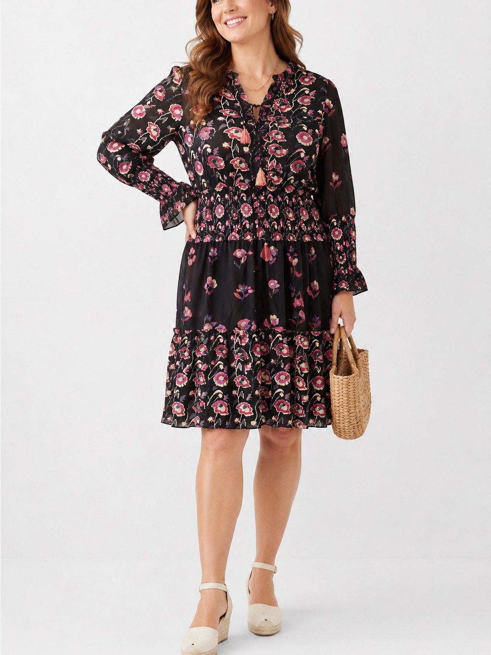 Just Bellina Dark Brown Black Pink Floral Long Sleeve Midi Dress Sz Large
